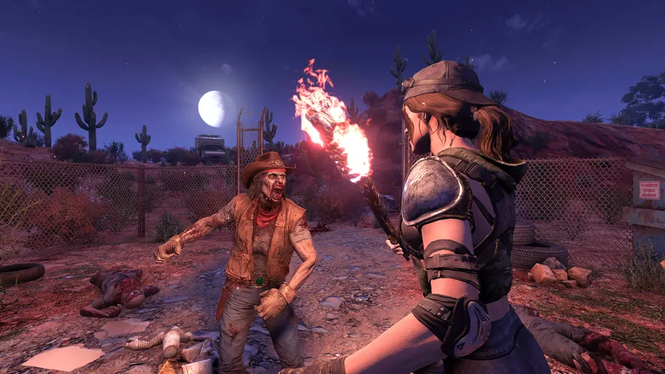 A survivor facing a zombie with a burning torch at dusk in 7 Days to Die