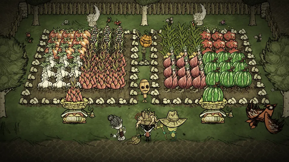 Survivors tending rows of crops at a shared camp in Don't Starve Together