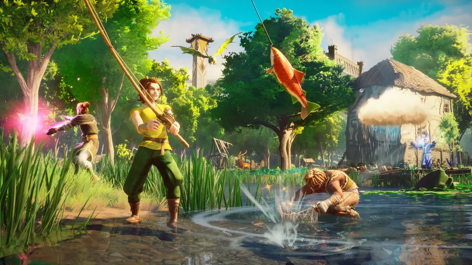 Adventurers casting spells beside a forest settlement in RuneScape: Dragonwilds