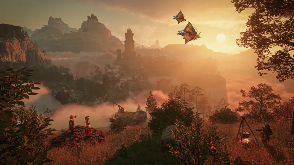 An adventurer gliding above the forests and ruined towers of Embervale in Enshrouded