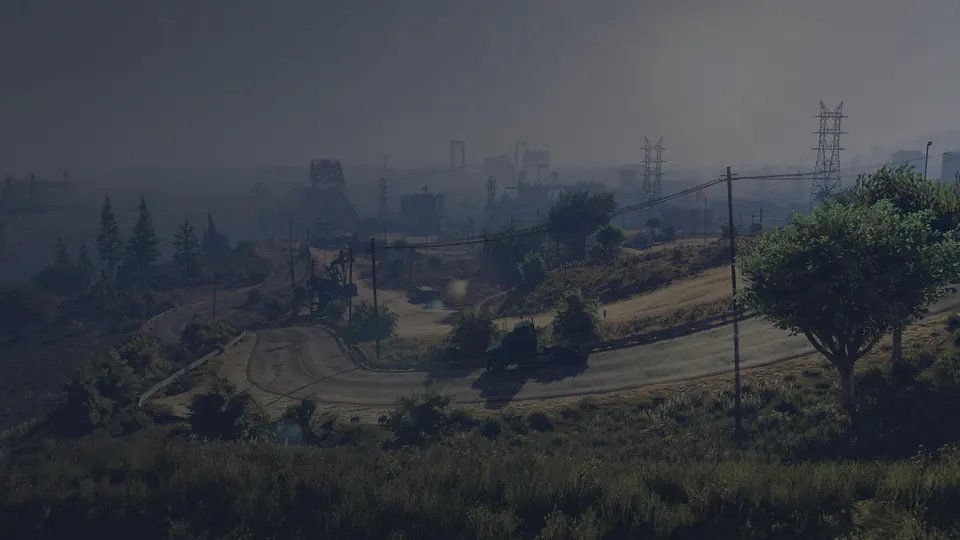 The Los Santos skyline beyond the hills and roads of FiveM's San Andreas setting