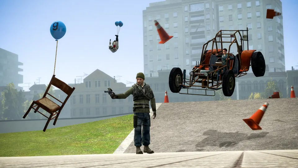 A Garry's Mod sandbox scene with floating furniture, balloons, and a buggy