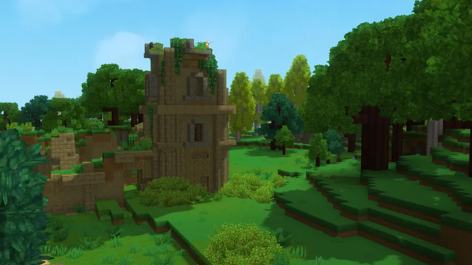 An overgrown stone tower among green hills and blocky trees in a Hytale world