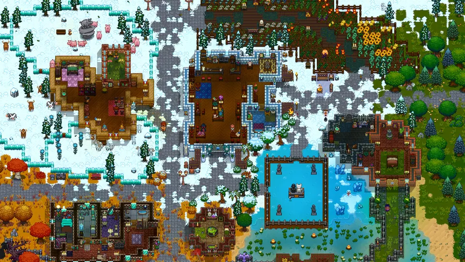 A colourful Necesse settlement spanning snowy woodland, gardens, and lakes