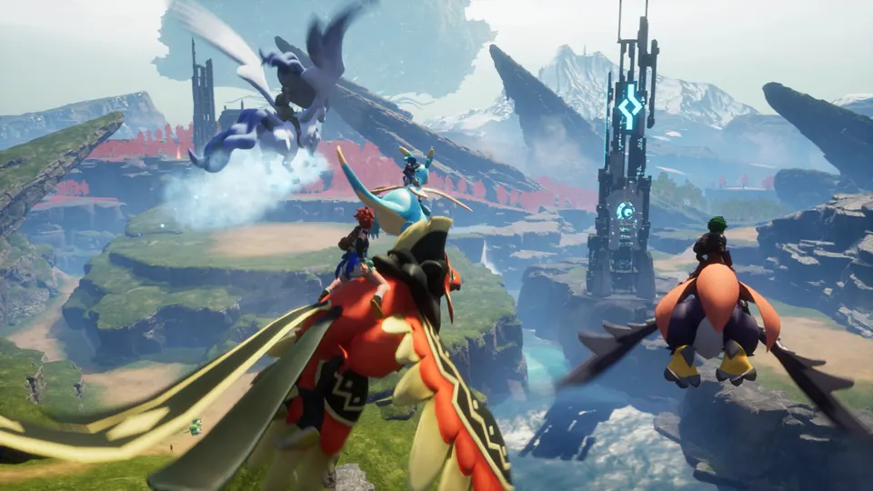 Players riding flying Pals above a mountainous landscape in Palworld