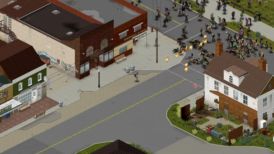 A horde of zombies filling a town street in Project Zomboid