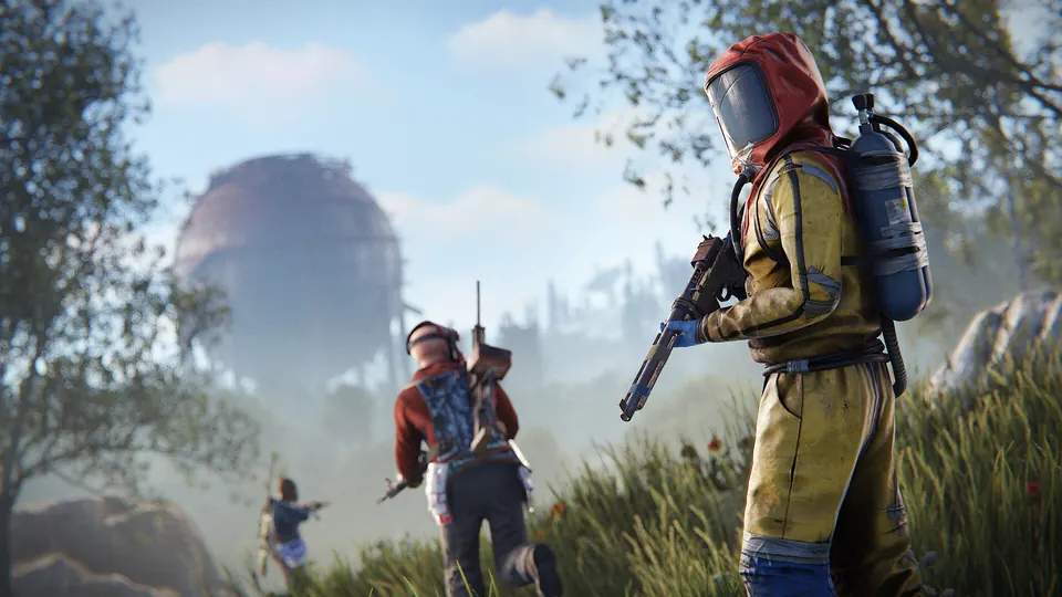 A group of survivors in protective gear exploring the outdoors in Rust