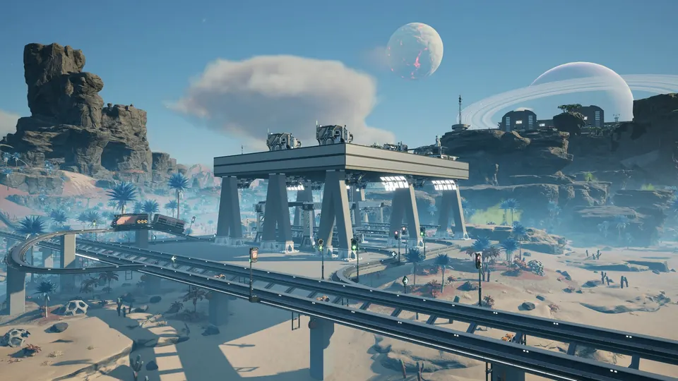 An elevated industrial factory and conveyor network in Satisfactory's alien landscape