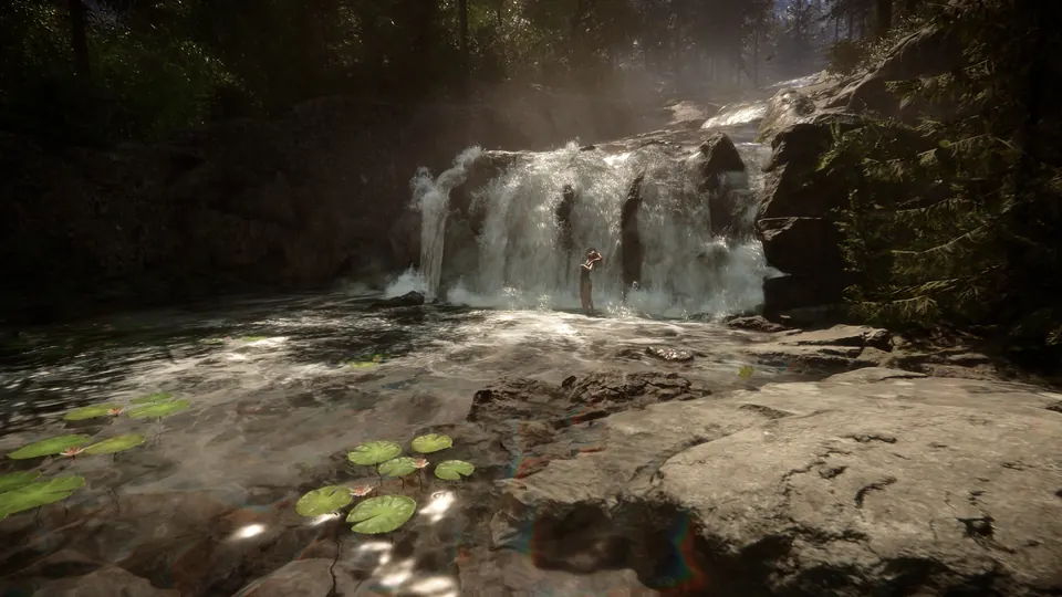 A waterfall flowing into a rocky stream in the woodland of Sons of the Forest