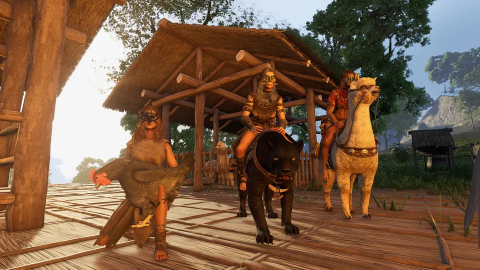 Tribespeople and their mounts beside a timber shelter in Soulmask