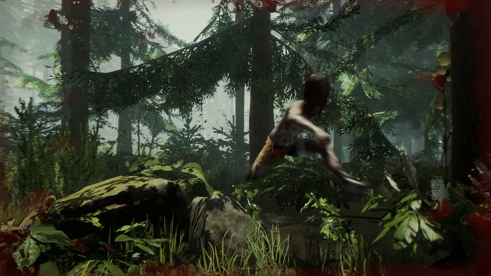 A mutant among mossy rocks and tall trees in The Forest