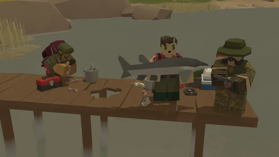 Blocky survivors gathered around a picnic table at a campsite in Unturned