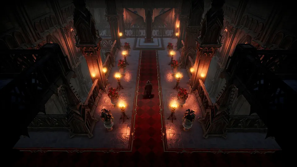 A candlelit vampire castle with a red carpet and gothic columns in V Rising
