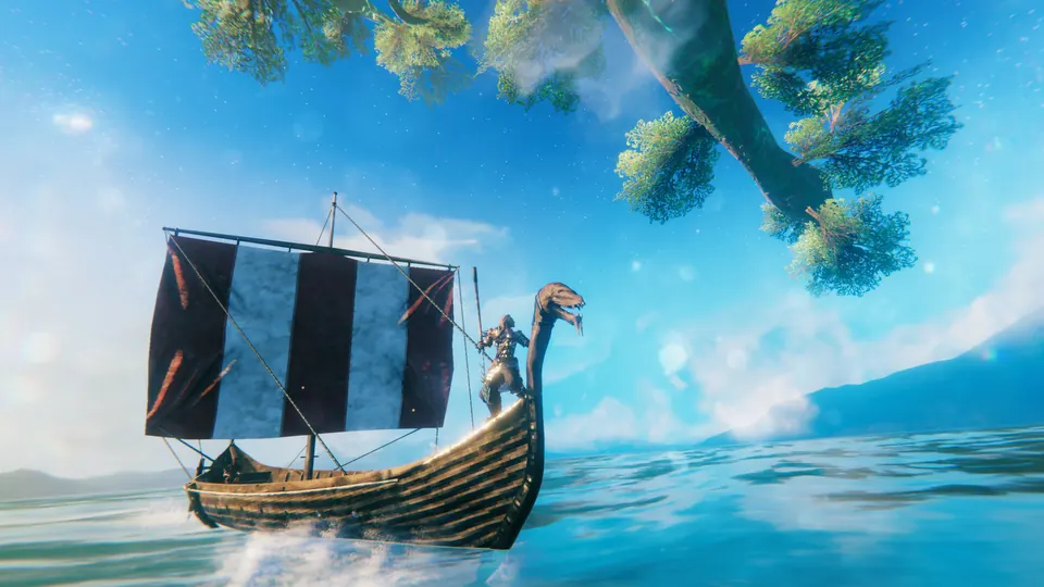 A Viking longship sailing beneath the branches of Yggdrasil in Valheim