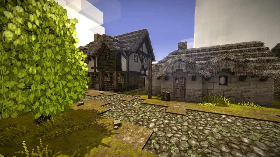 Timber and stone houses around a cobbled courtyard in Vintage Story
