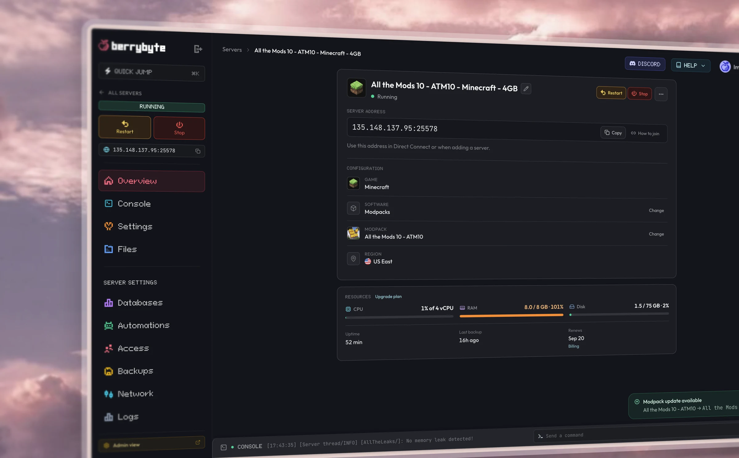 berrybyte control panel showing the server overview, resource usage, settings, backups, and navigation
