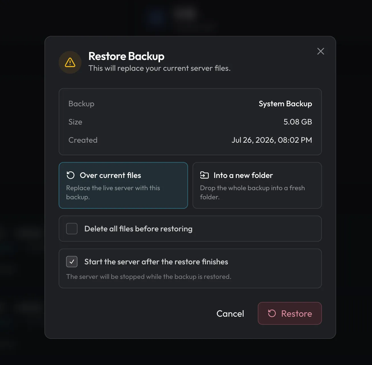 Restore over current files