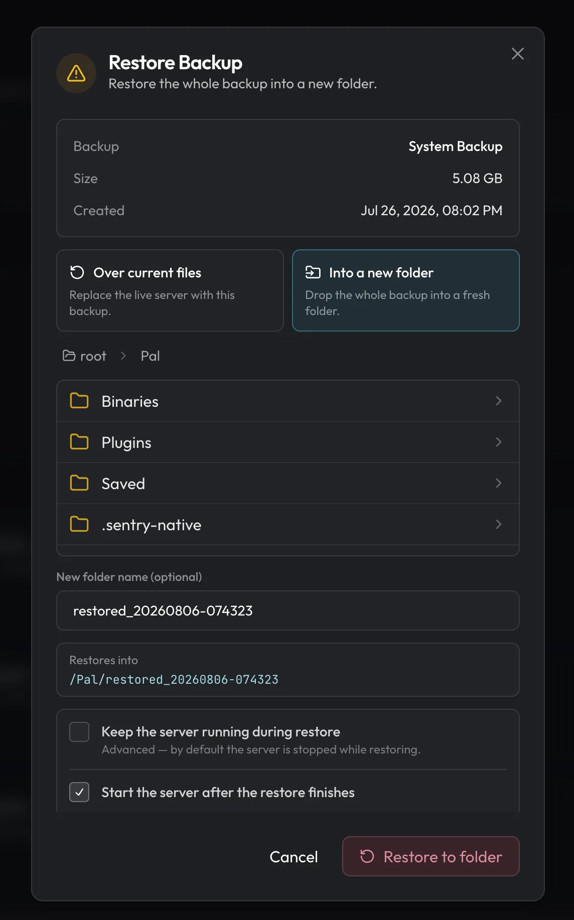 Restore into a new folder