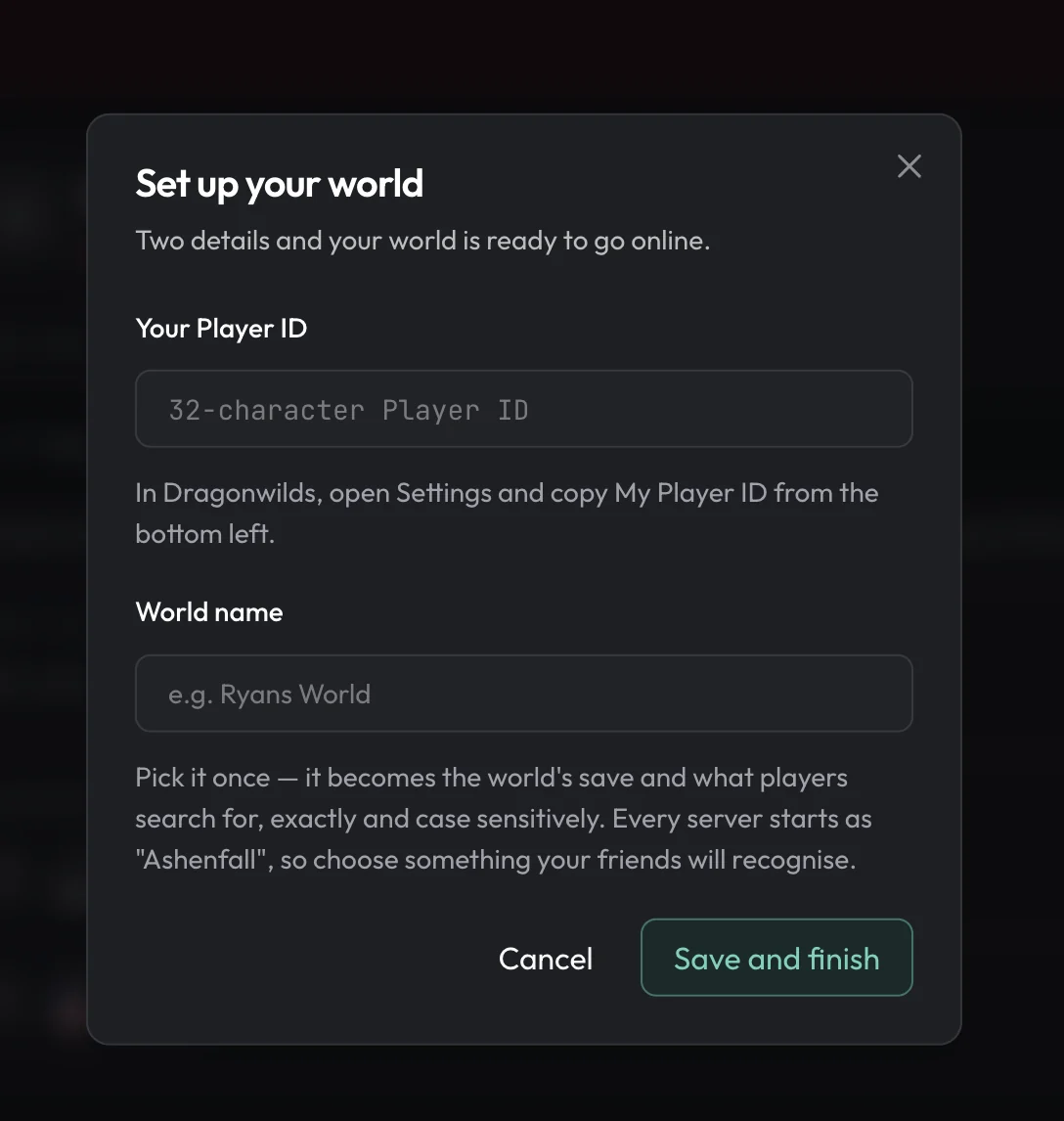 Dragonwilds setup dialog in berrybyte asking for the player's ID and world name