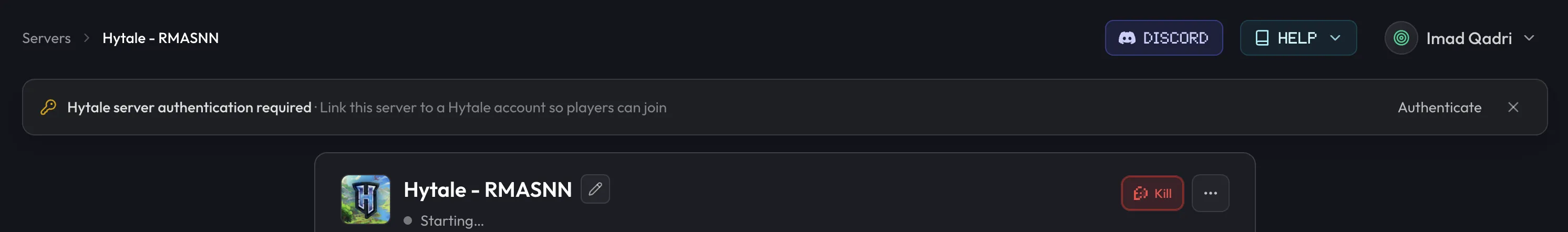 Hytale authentication warning in the dashboard