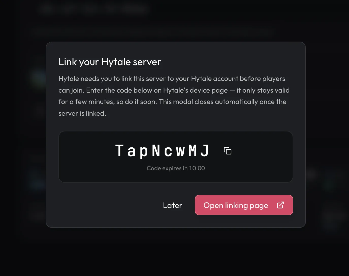 Hytale Link device-code modal