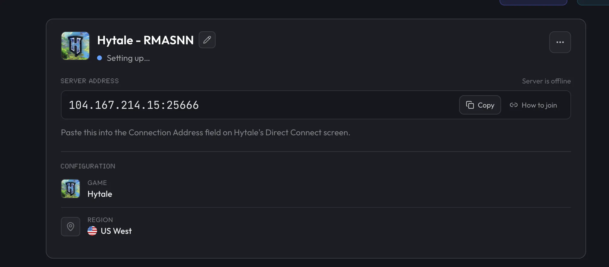 Hytale server address on Overview