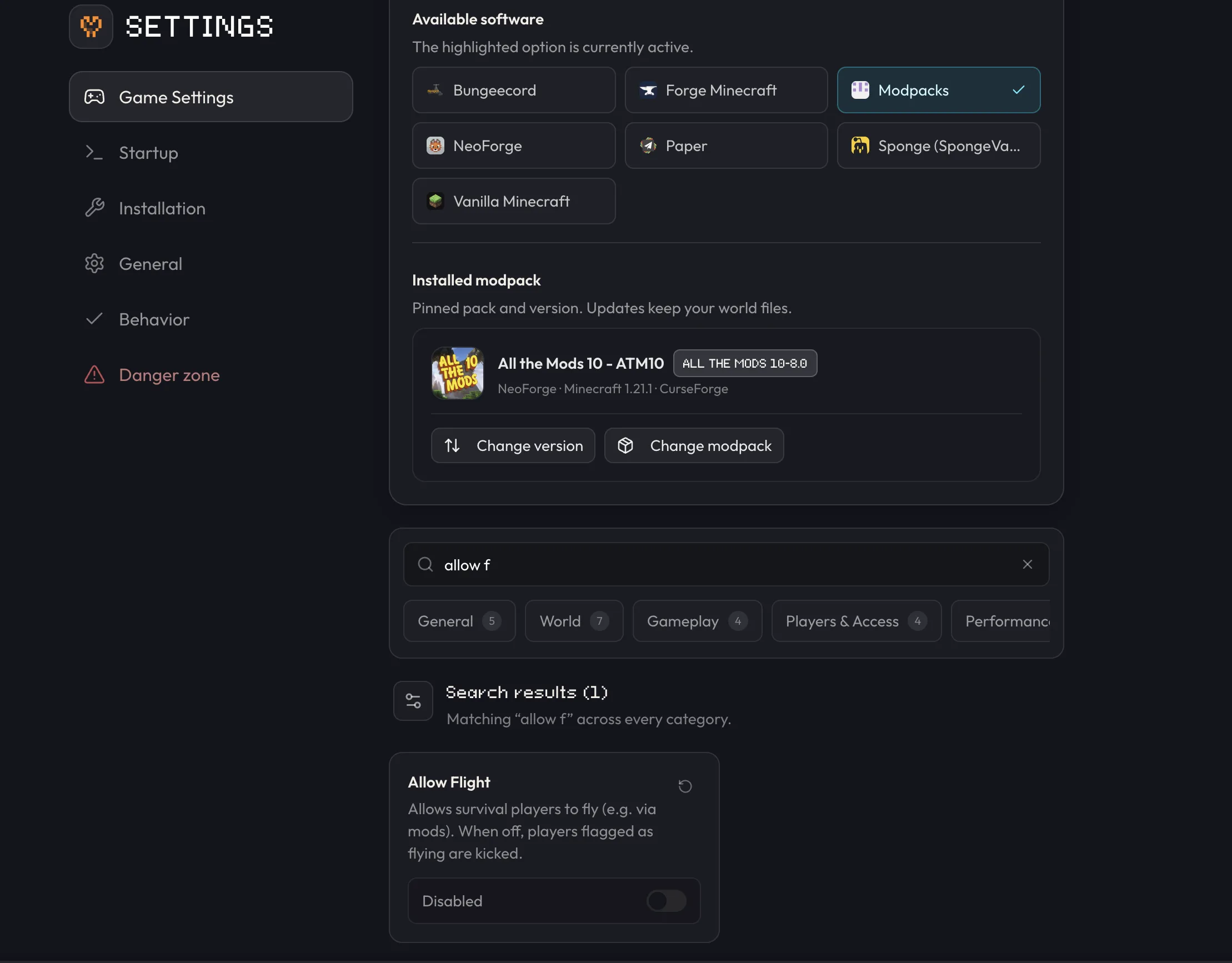 Allow Flight in Game Settings