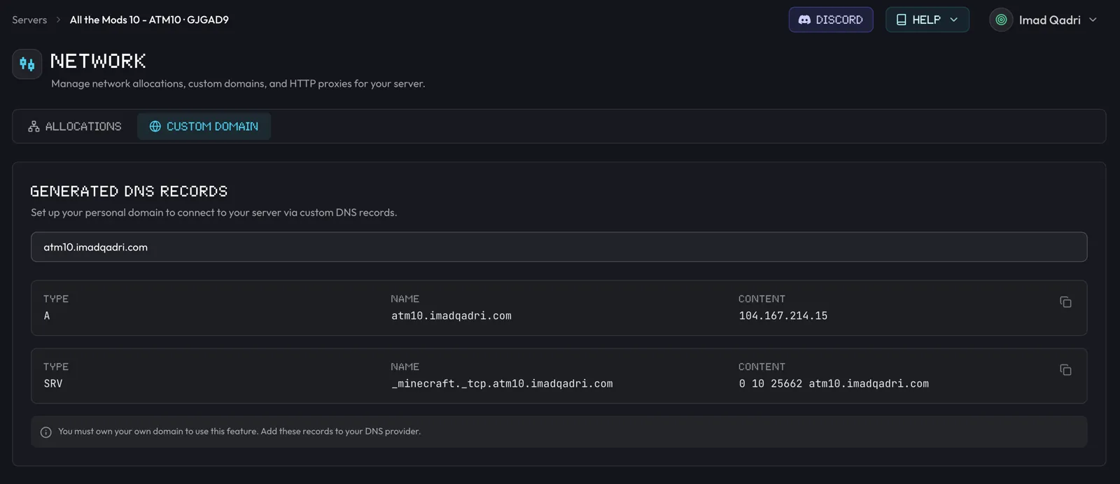 Minecraft custom-domain records