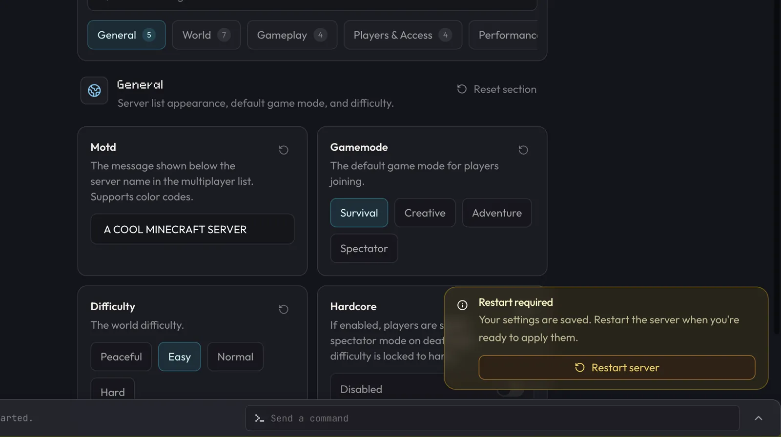 Restart required after Minecraft settings