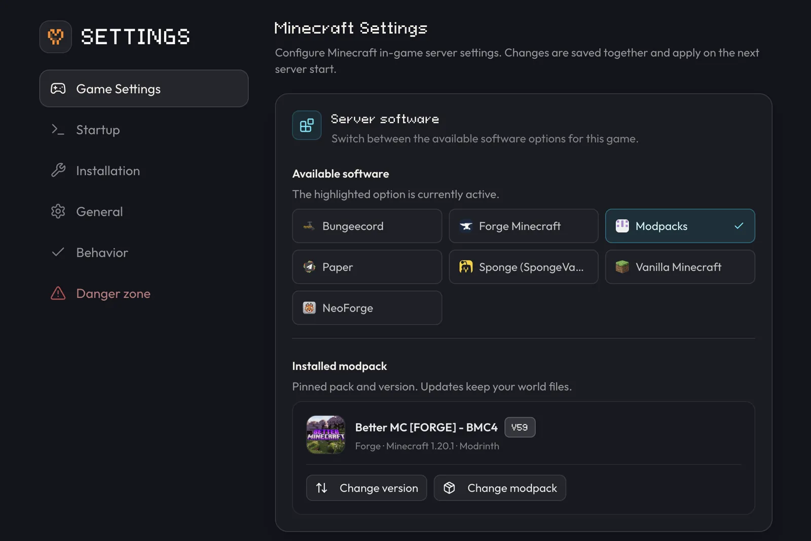 Minecraft server type picker