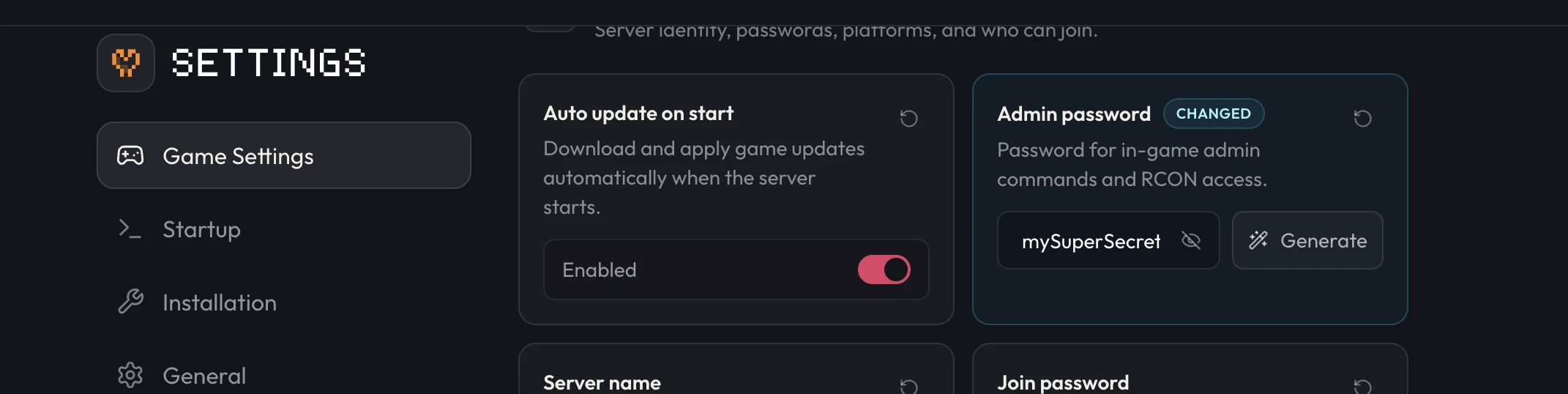 Admin password field in Game Settings