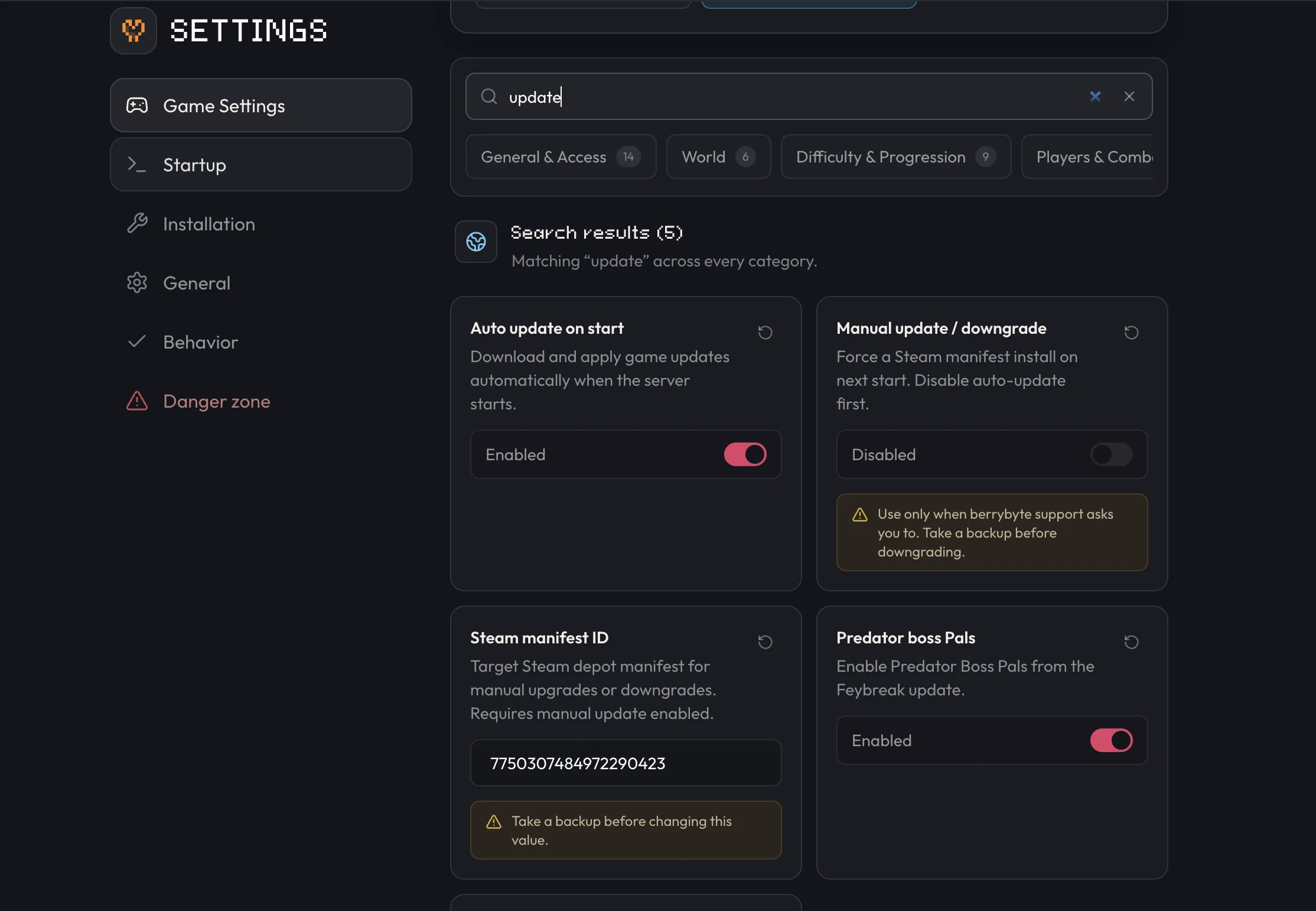 Manual update / downgrade in Game Settings
