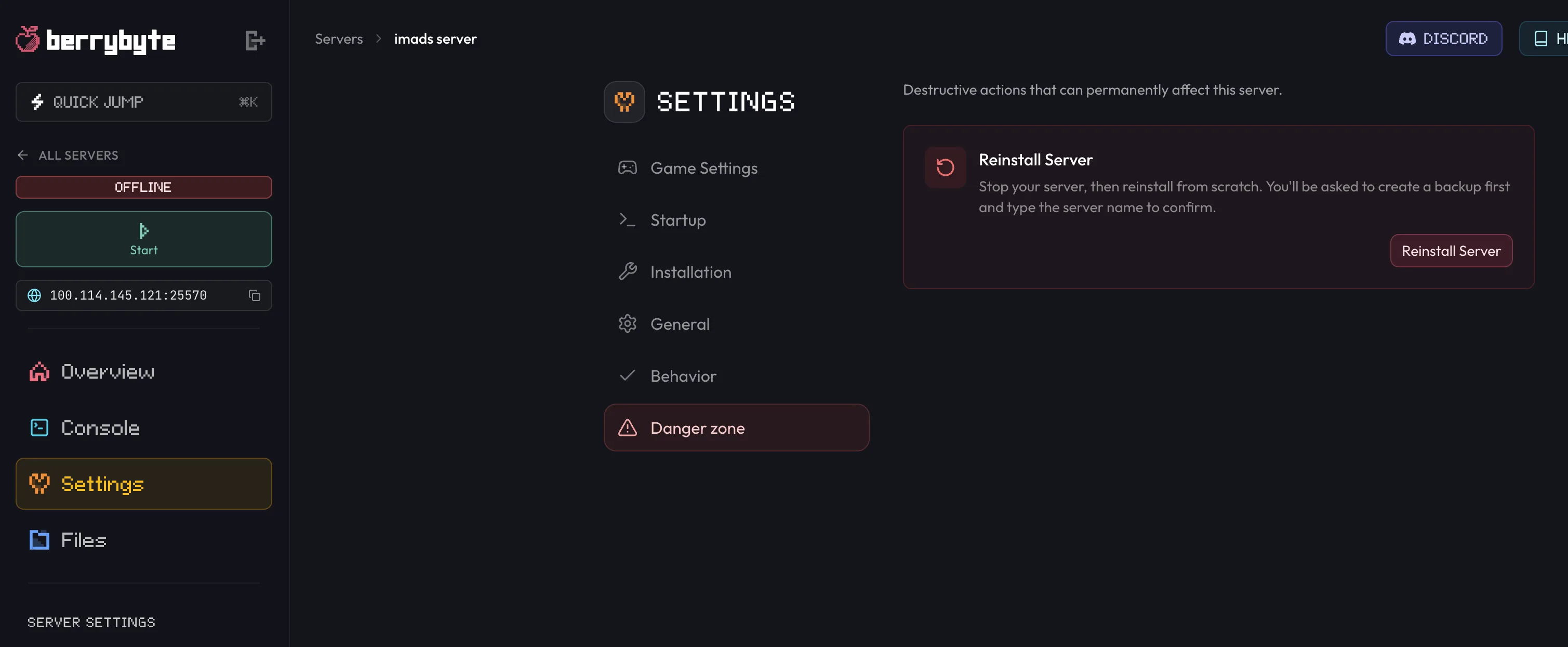 Reinstall Server in Danger zone
