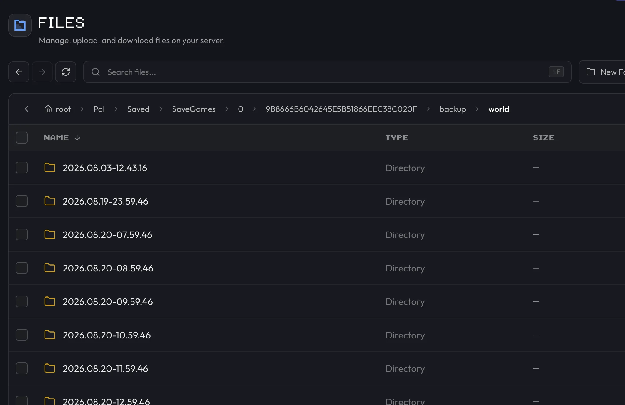 Palworld backup folder listing