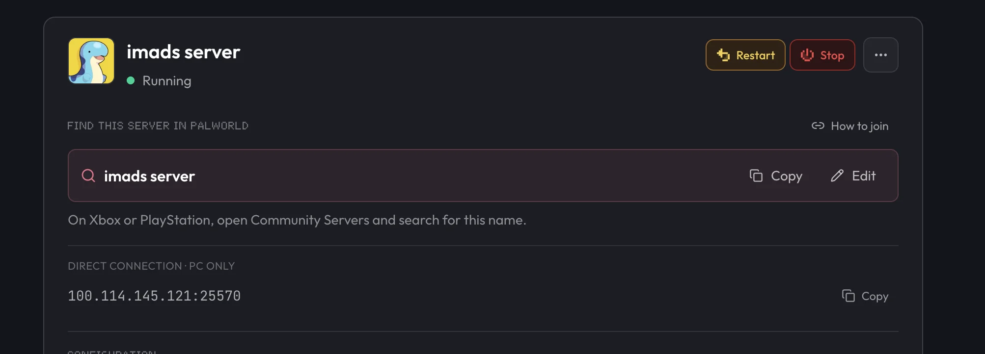 Palworld server address in Overview