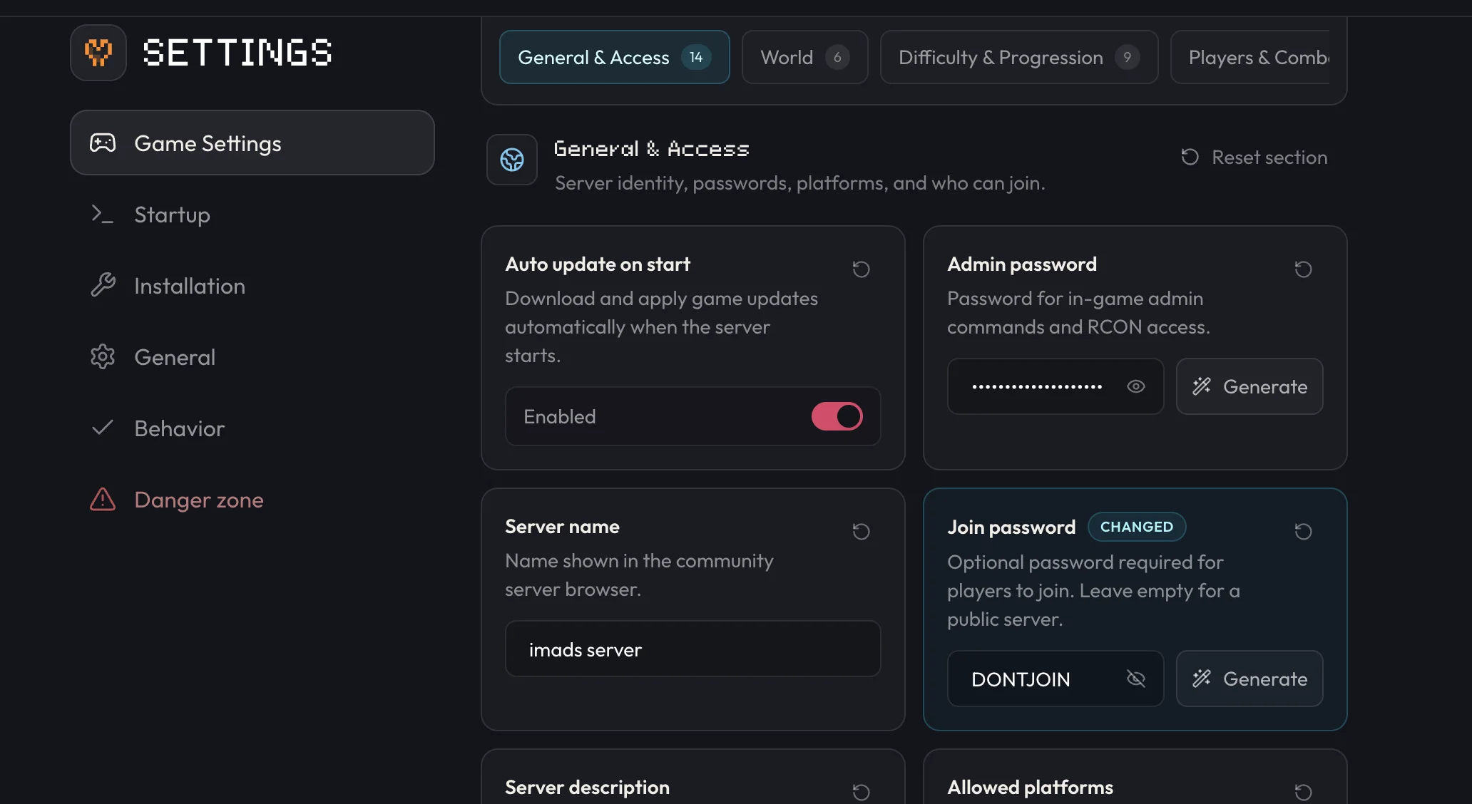 Join password in Game Settings