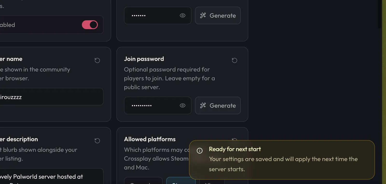 Restart required after a setting change