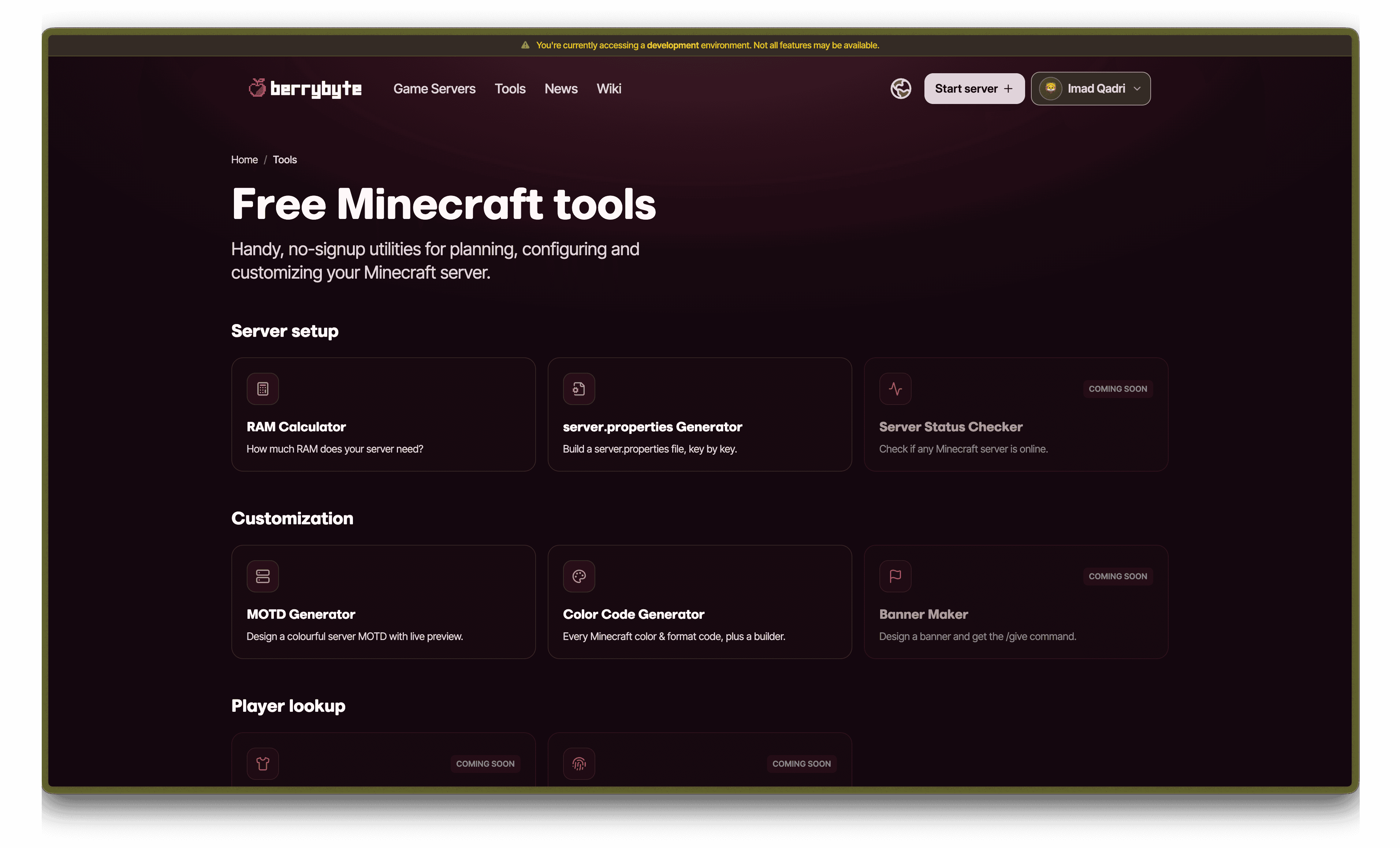 Free Minecraft tools page with RAM calculator, server.properties generator, MOTD generator, and color code generator