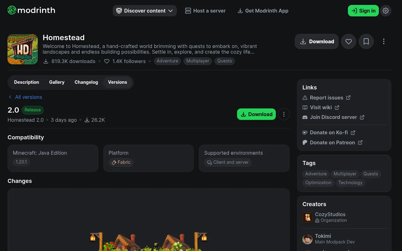 Modrinth page for Homestead version 2.0, showing Minecraft 1.20.1, the Fabric platform, and client and server support