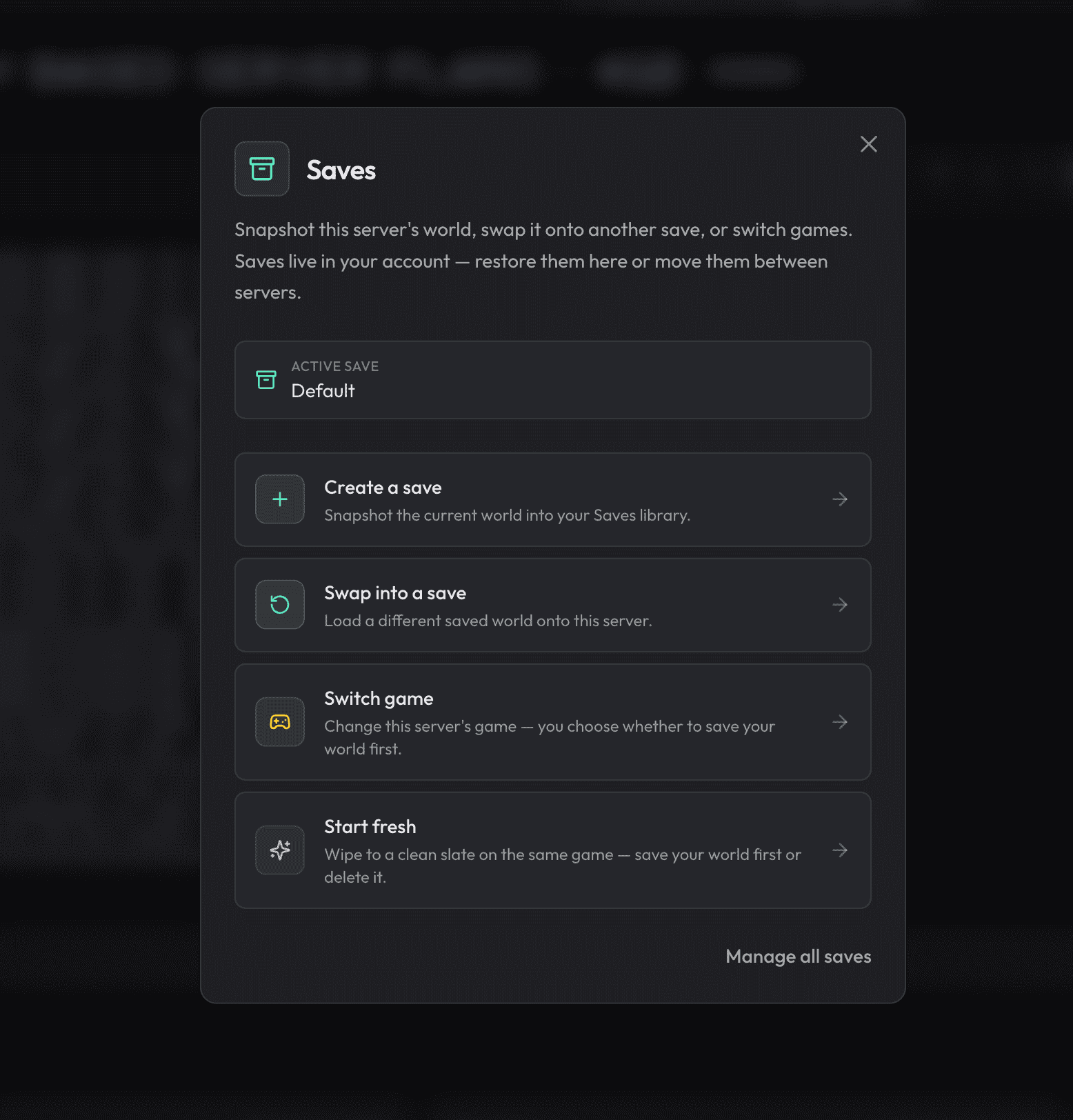 Server Saves library showing saved worlds with restore, download, rename, and swap options