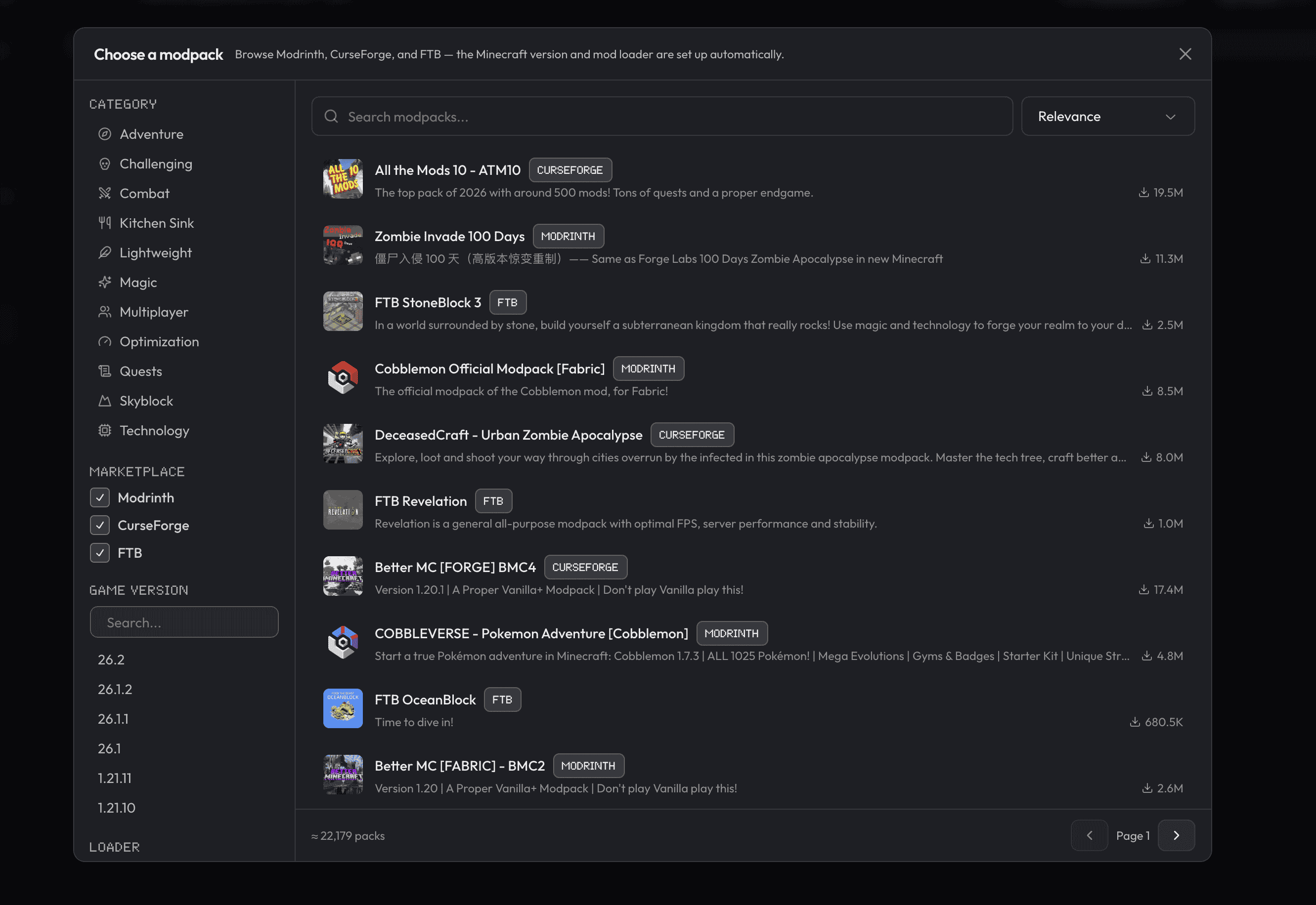 Modpack search modal with filters for Modrinth, CurseForge, and FTB and thousands of installable packs