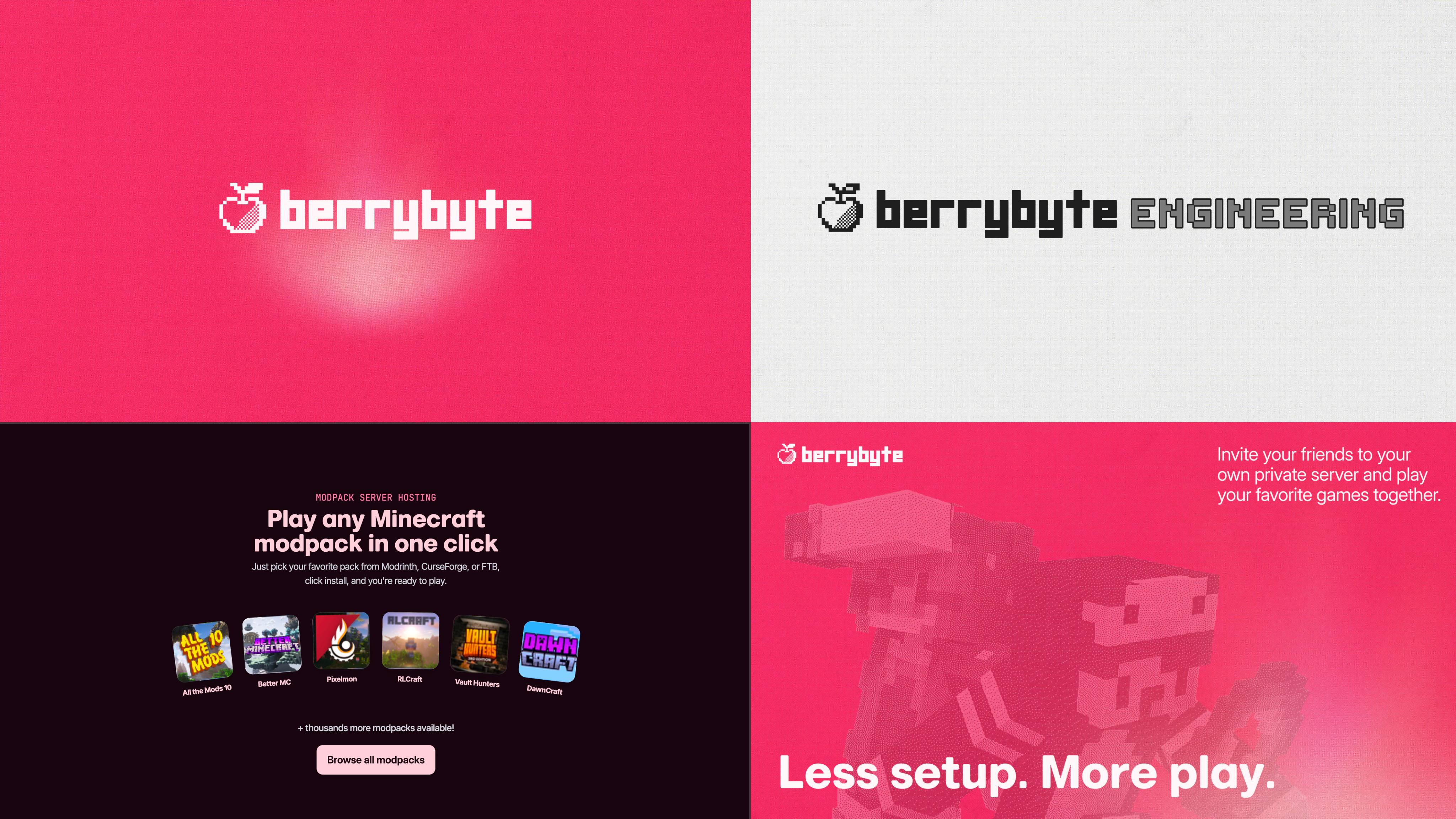Berrybyte v2 brand artwork with logo, modpack hosting, and Less setup. More play messaging