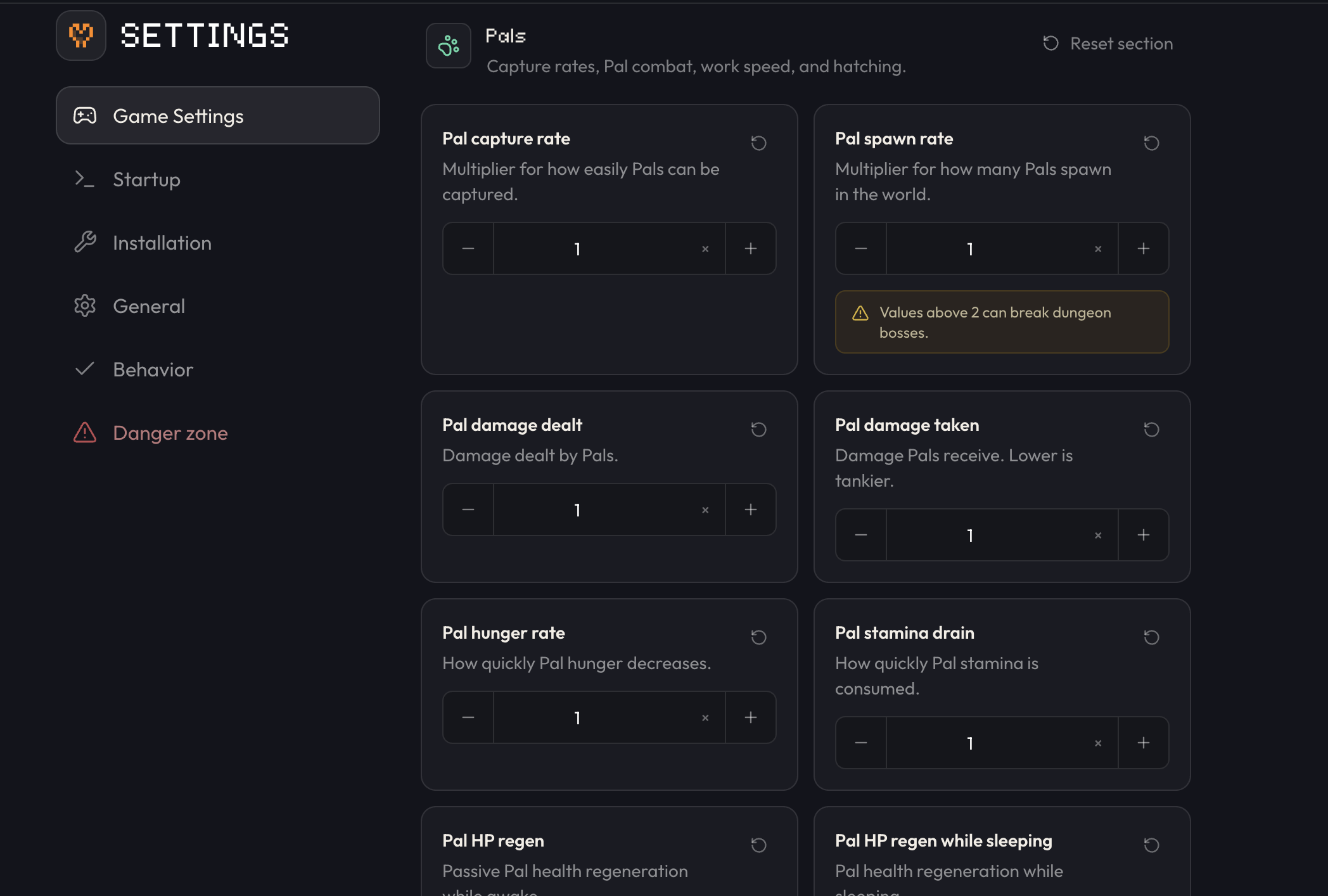 Palworld settings editor with controls for capture rate, spawn rate, damage, hunger, stamina, and world speed